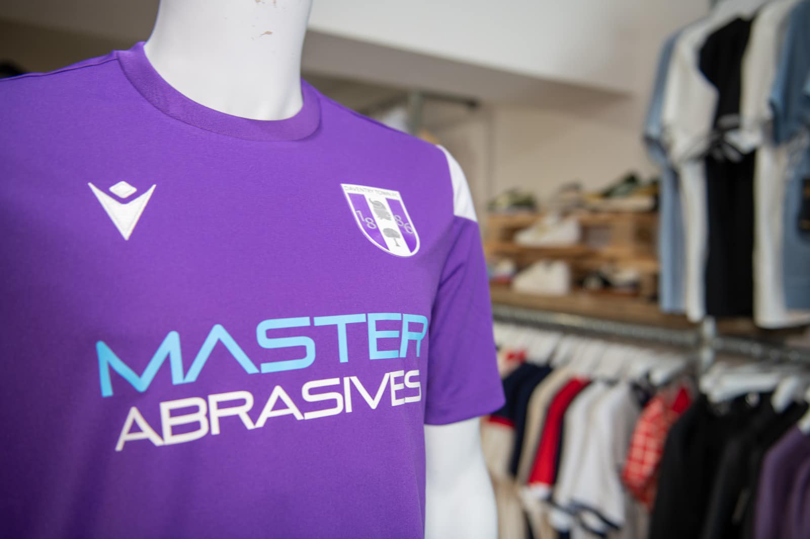 Daventry Town FC shirts with first team sponsor's logo, Master Abrasives 