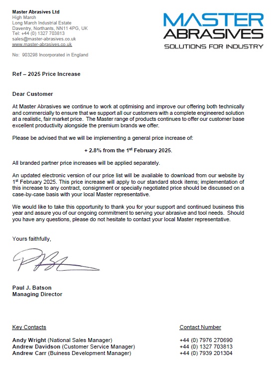 Master Abrasives price increase letter for 2025