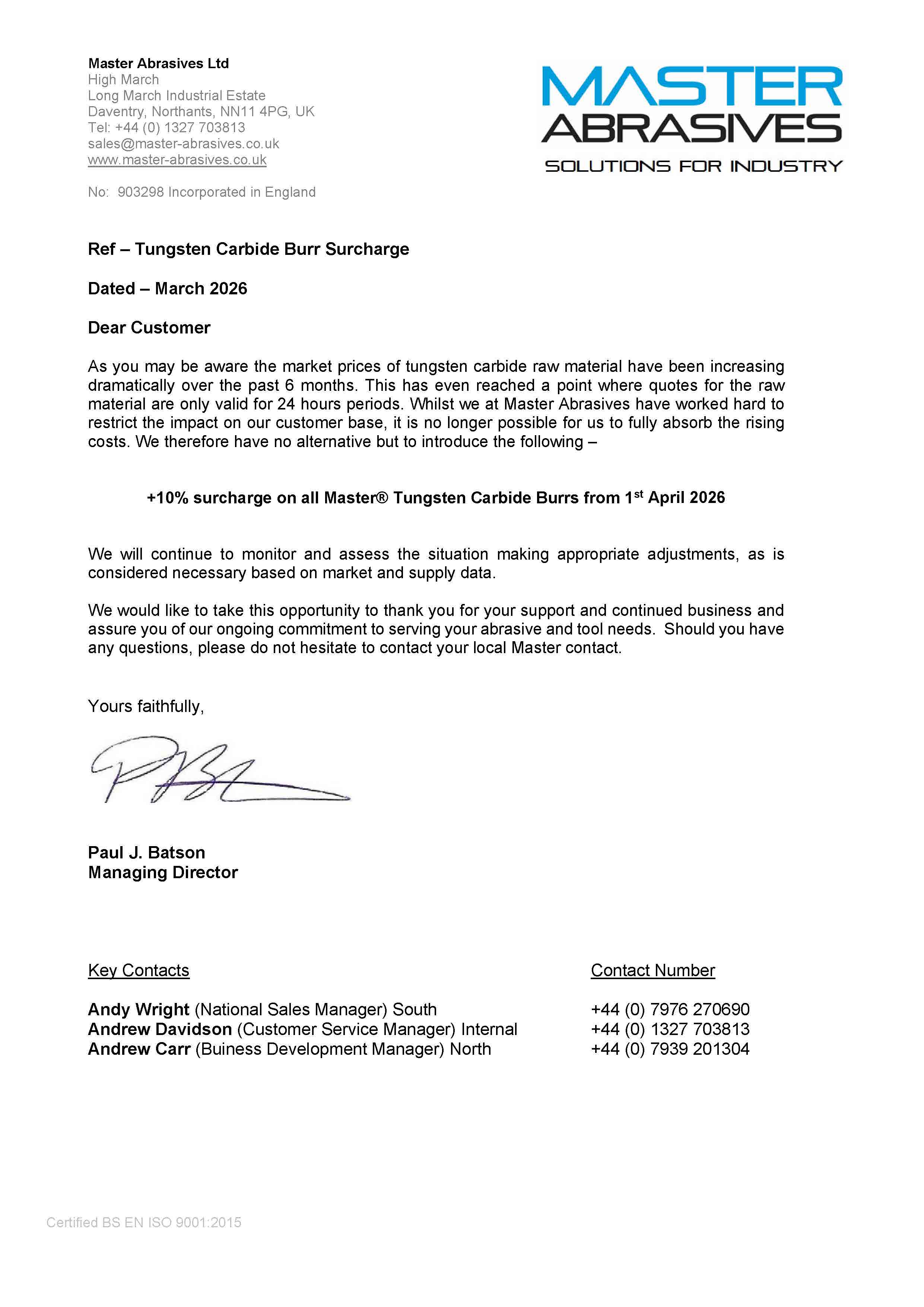 Tungsten carbide burr surcharge
